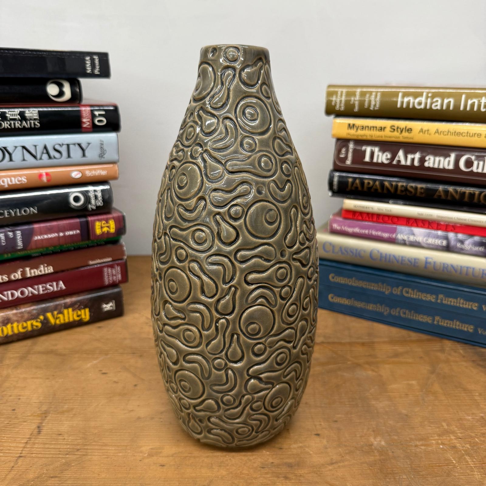 Warm Olive-Taupe Ceramic Vase with Organic Abstract Pattern, SKU , image 6