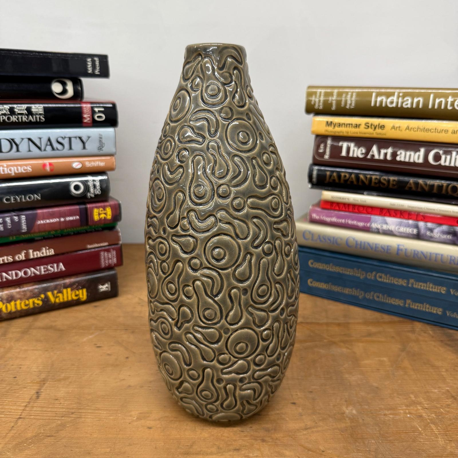 Warm Olive-Taupe Ceramic Vase with Organic Abstract Pattern, SKU , image 7