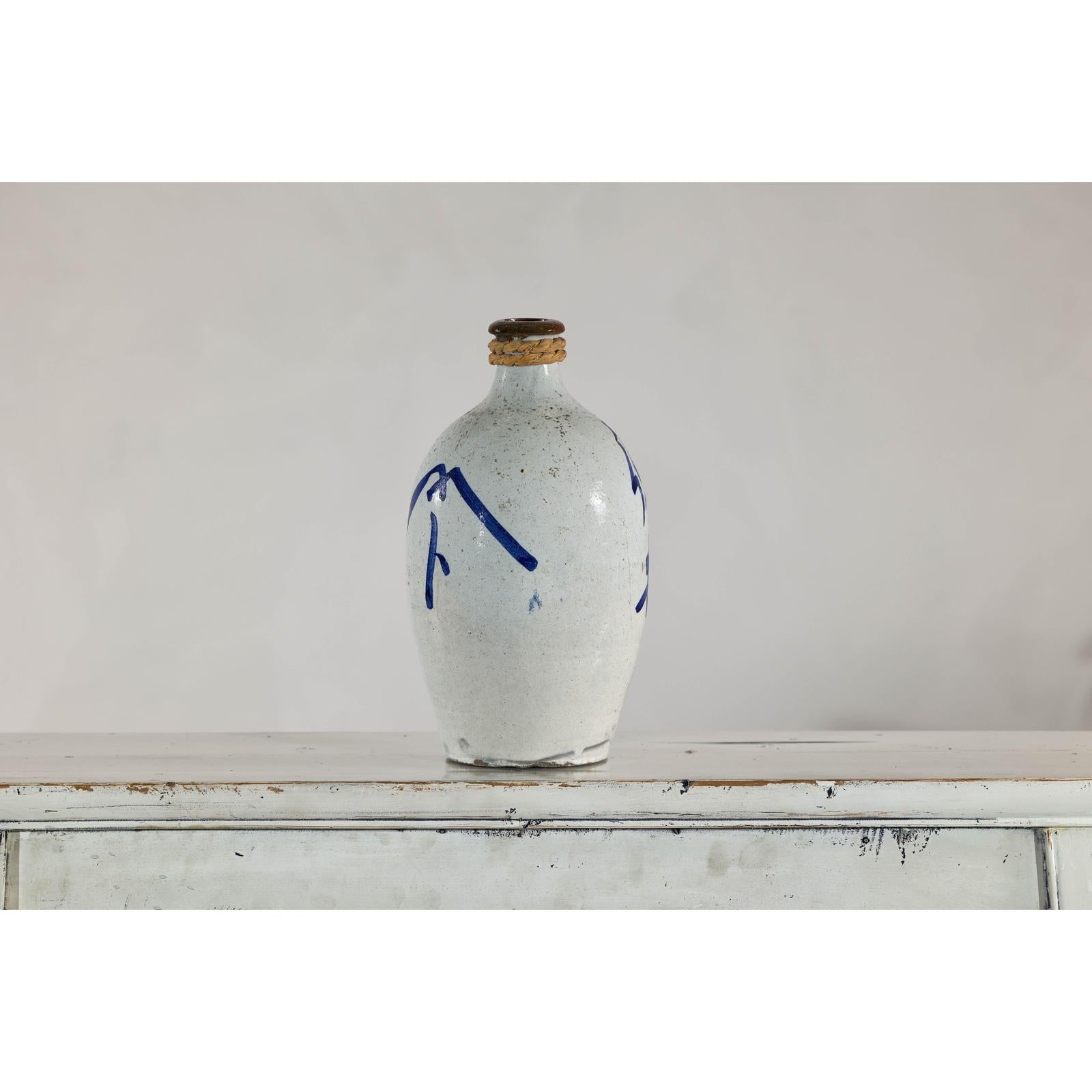 White and Blue Ceramic Jug with Calligraphy and Braided Rope Handle-3. Asian &amp; Chinese Furniture, Art, Antiques, Vintage Home Décor for sale at FEA Home