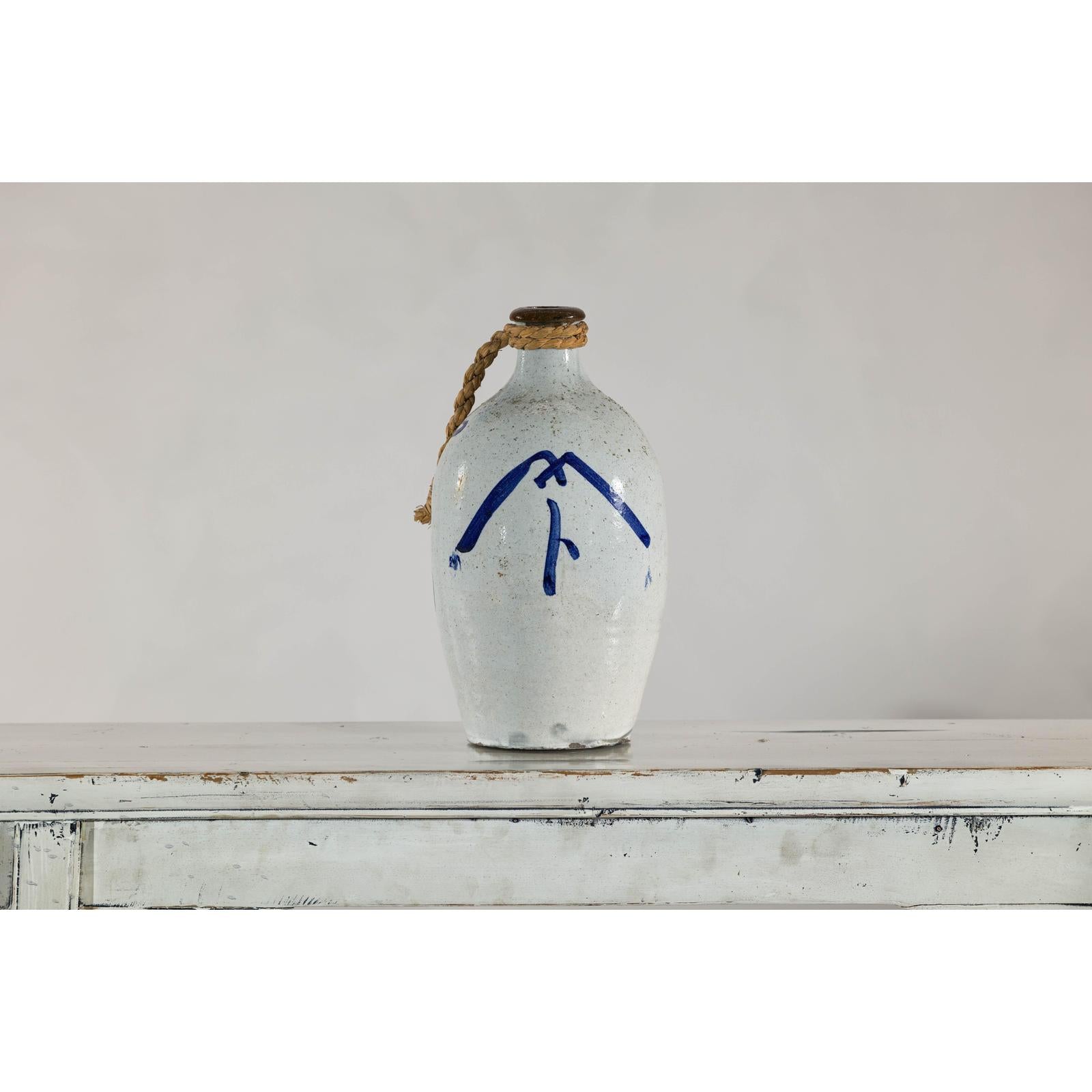 White and Blue Ceramic Jug with Calligraphy and Braided Rope Handle-4. Asian &amp; Chinese Furniture, Art, Antiques, Vintage Home Décor for sale at FEA Home