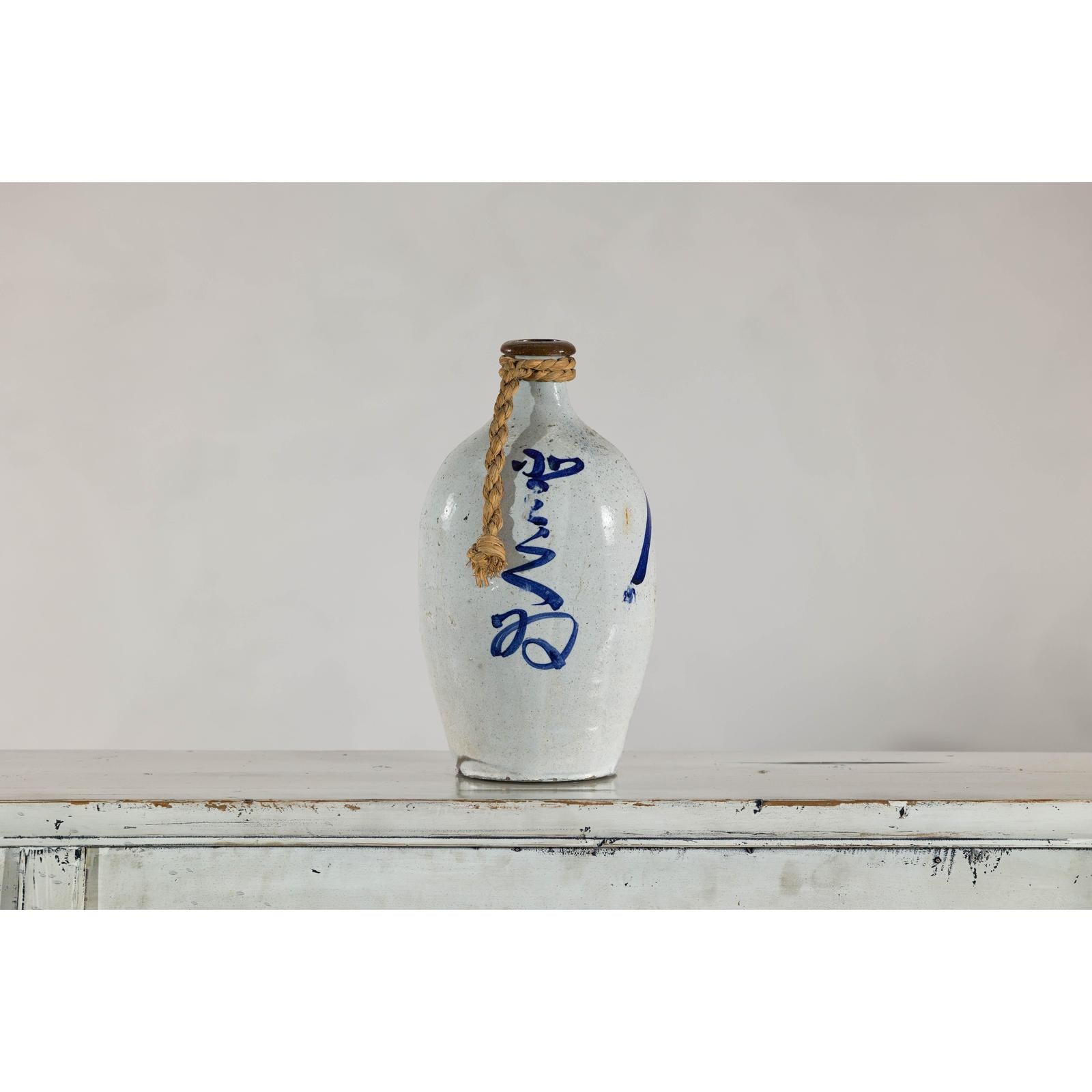 White and Blue Ceramic Jug with Calligraphy and Braided Rope Handle-5. Asian &amp; Chinese Furniture, Art, Antiques, Vintage Home Décor for sale at FEA Home