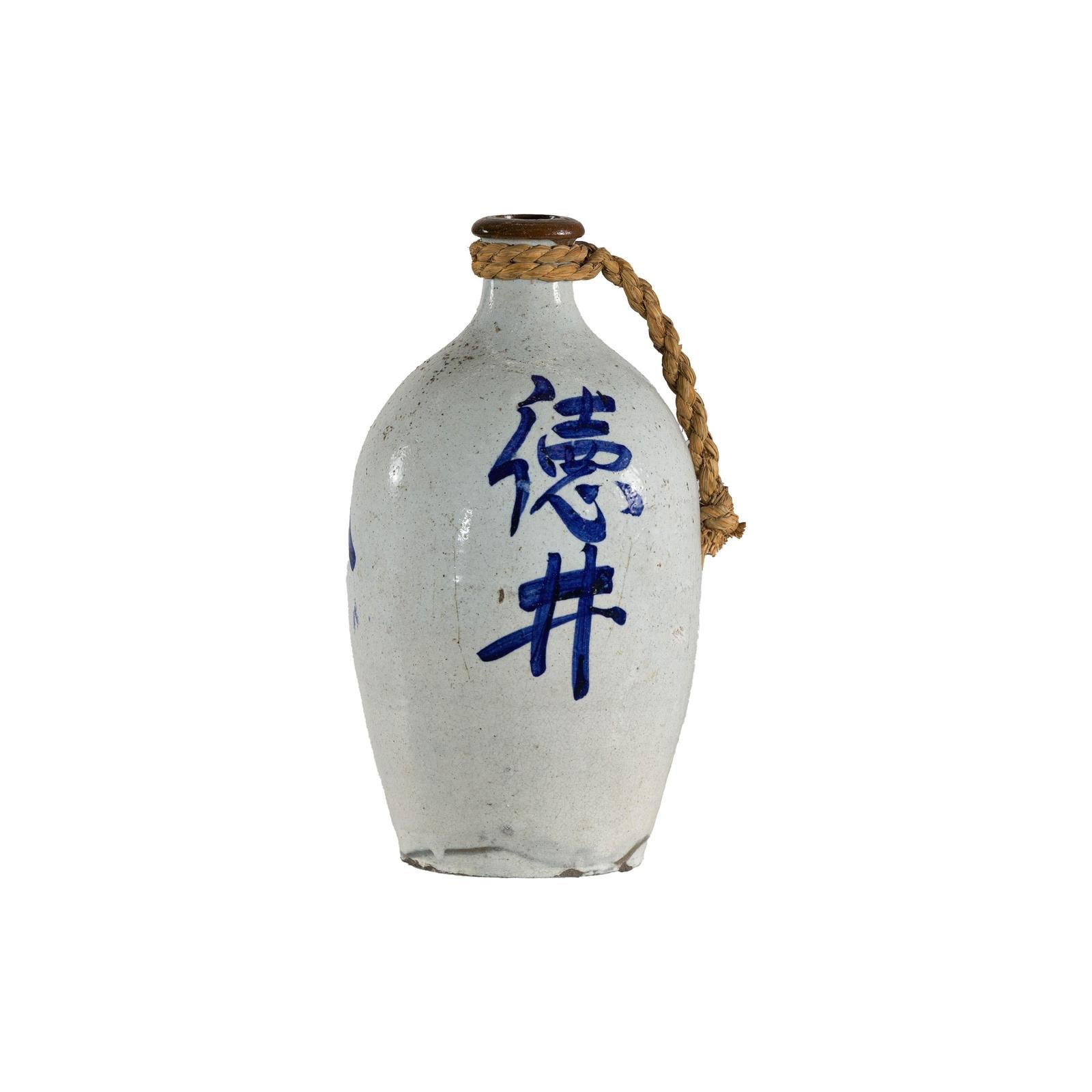 White and Blue Ceramic Jug with Calligraphy and Braided Rope Handle-7. Asian &amp; Chinese Furniture, Art, Antiques, Vintage Home Décor for sale at FEA Home