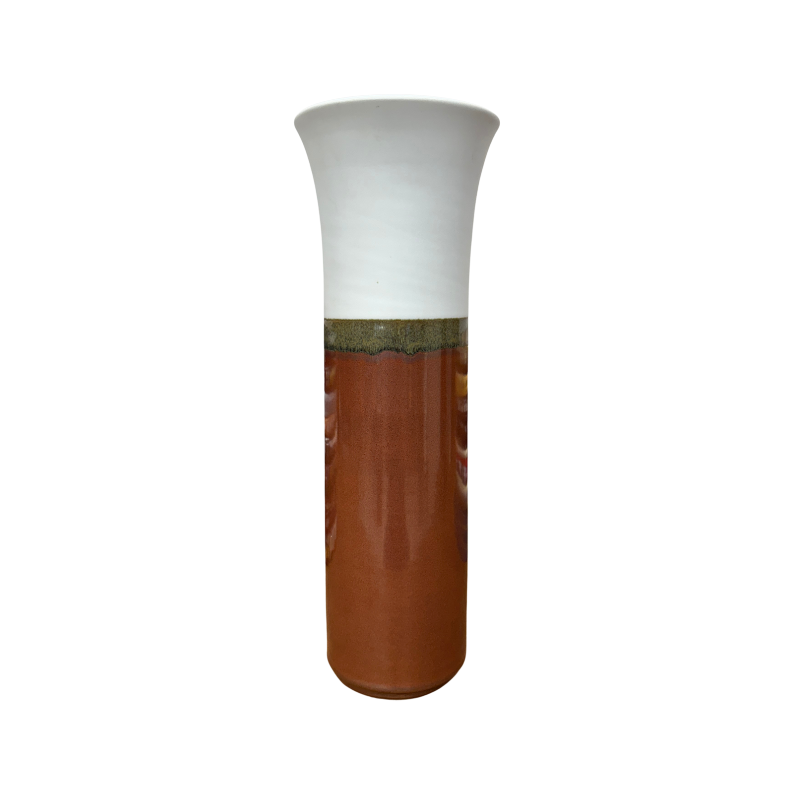 White and Copper Fluted Ceramic Vase with Olive Glaze Band, SKU , image 1