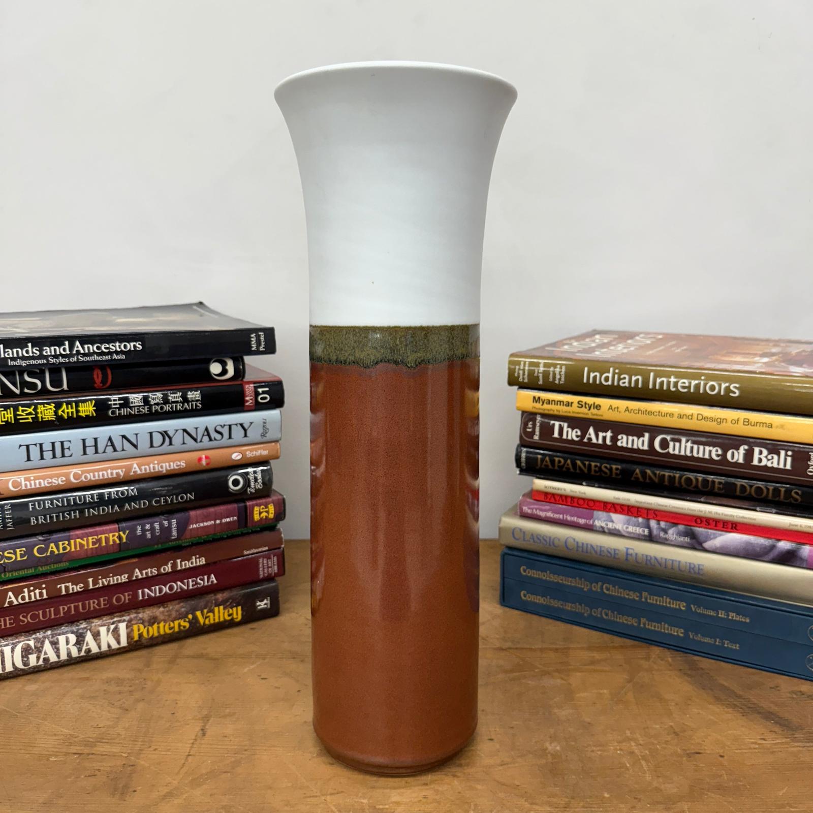 White and Copper Fluted Ceramic Vase with Olive Glaze Band, SKU , image 2