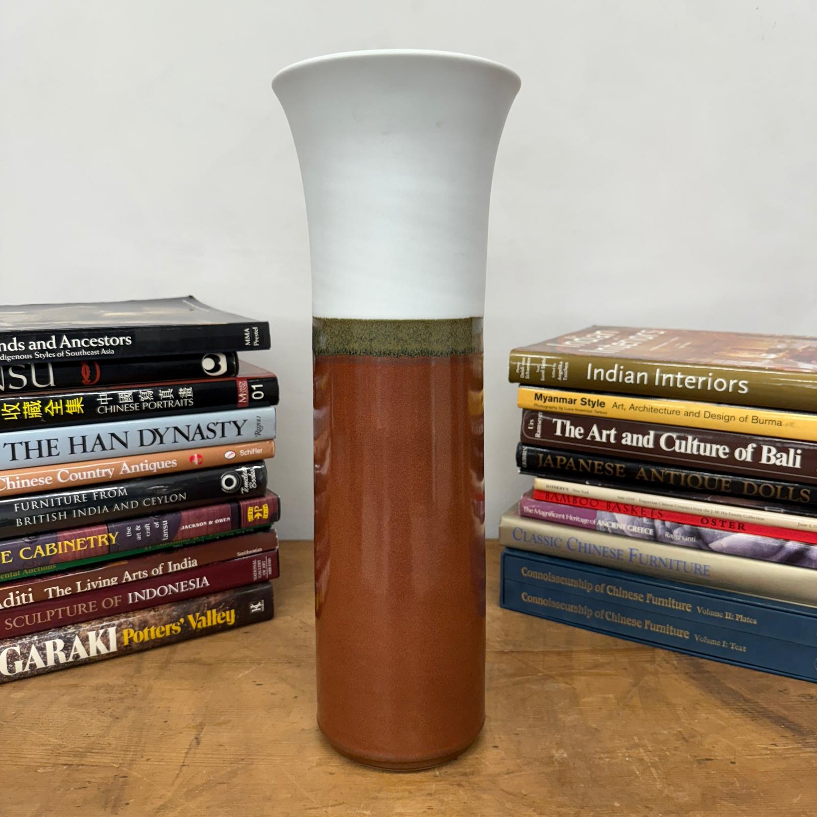 White and Copper Fluted Ceramic Vase with Olive Glaze Band, SKU , image 3