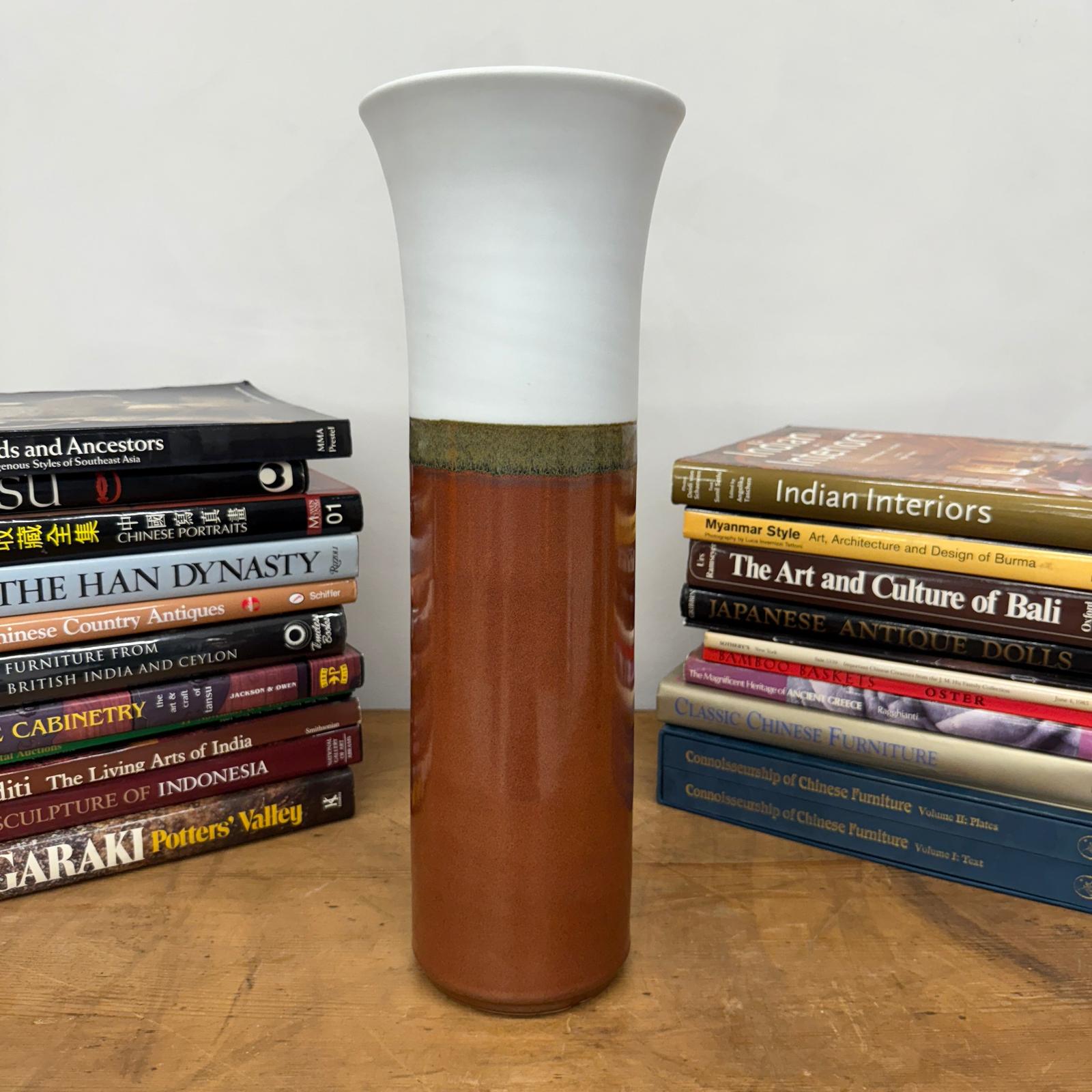 White and Copper Fluted Ceramic Vase with Olive Glaze Band, SKU , image 4