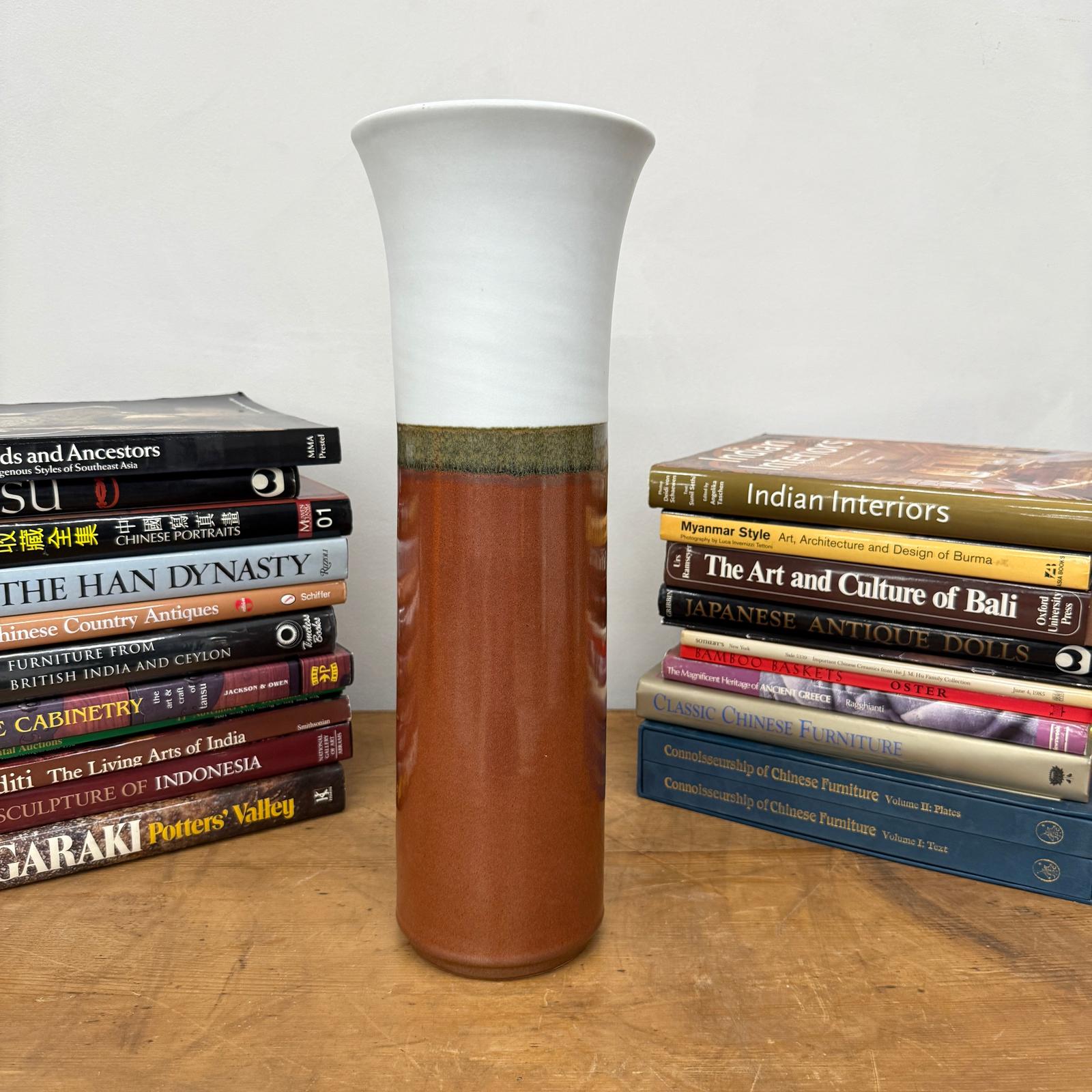 White and Copper Fluted Ceramic Vase with Olive Glaze Band, SKU , image 5