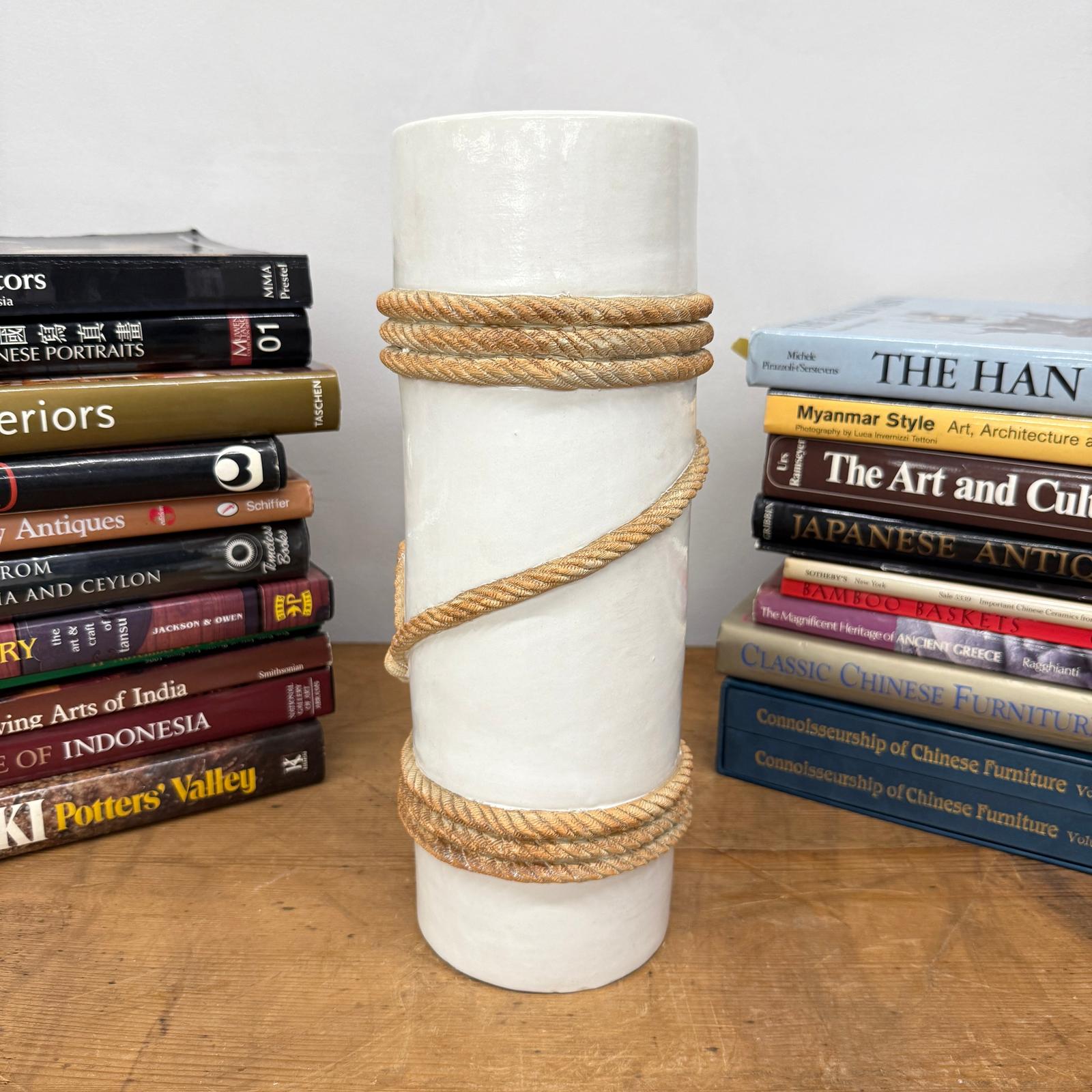 White Black Cylindrical Ceramic Vase with Rope Design, SKU , image 2