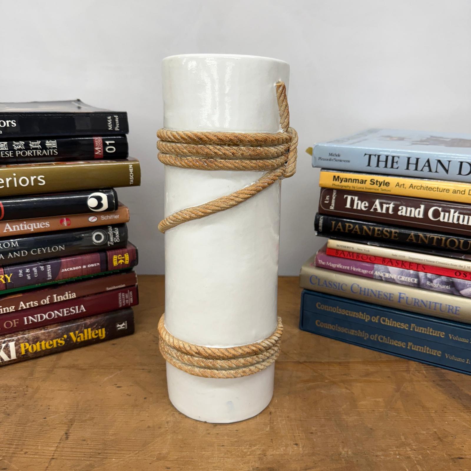 White Black Cylindrical Ceramic Vase with Rope Design, SKU , image 3