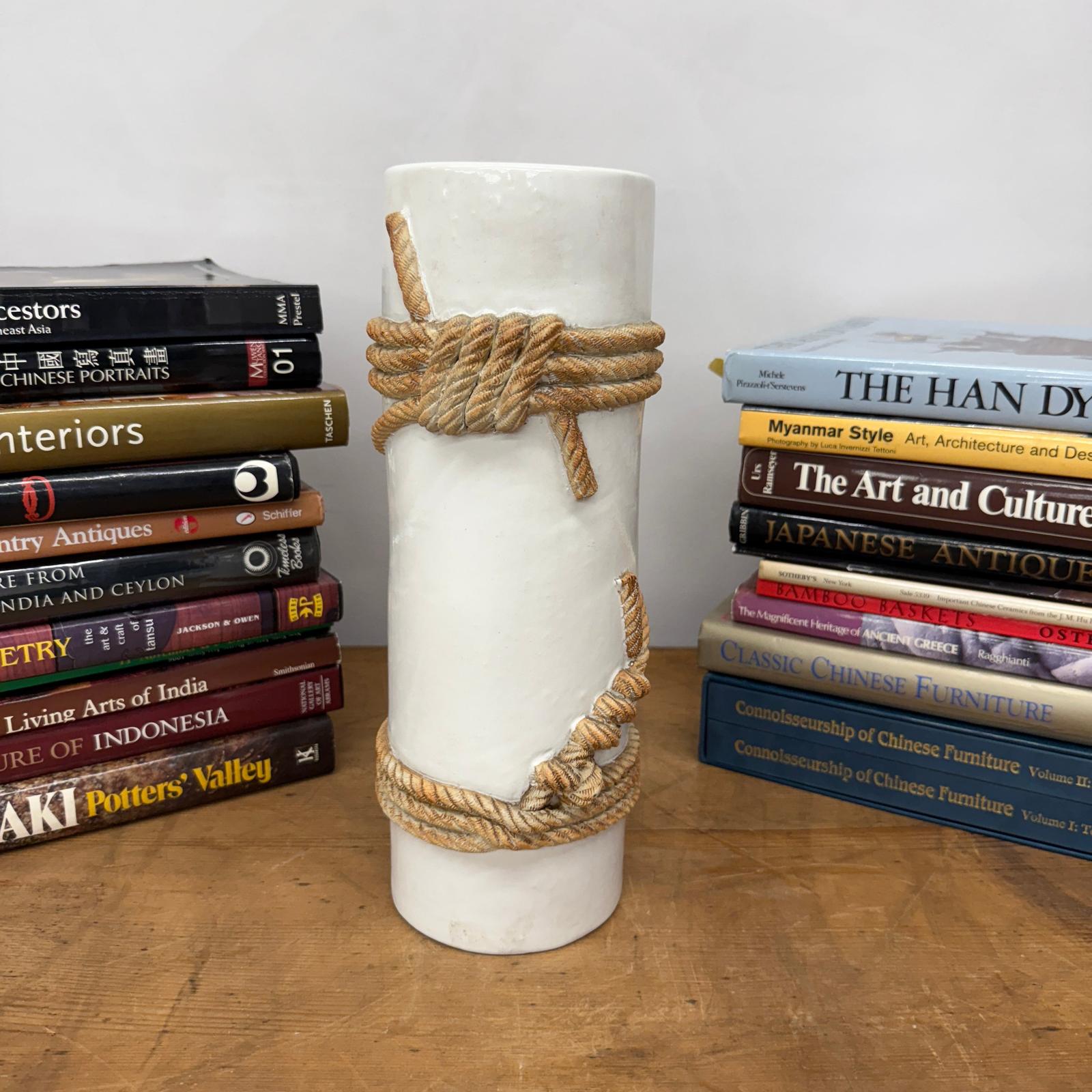 White Black Cylindrical Ceramic Vase with Rope Design, SKU , image 4
