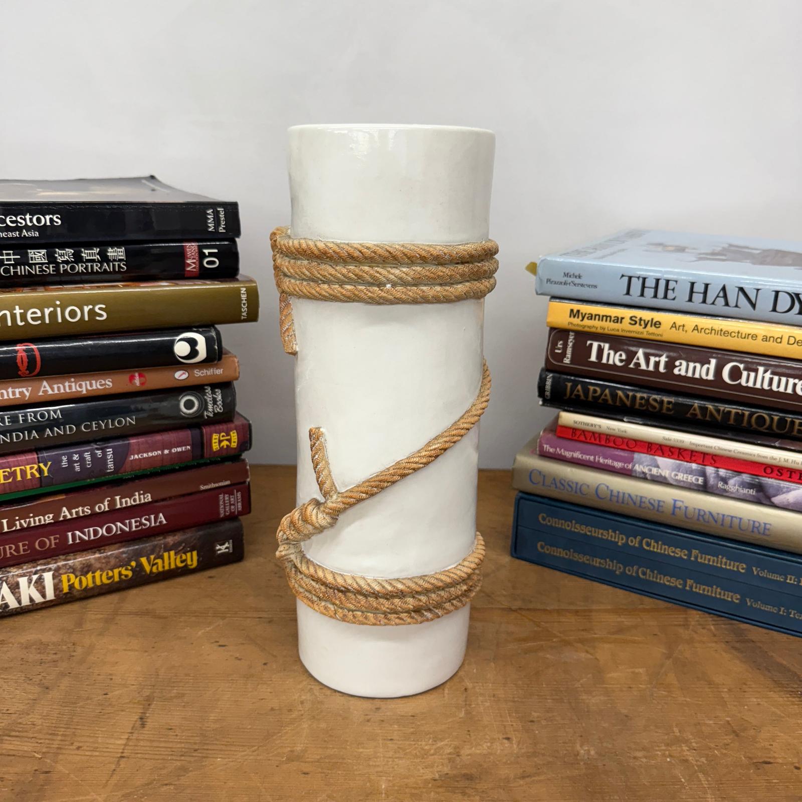 White Black Cylindrical Ceramic Vase with Rope Design, SKU , image 5