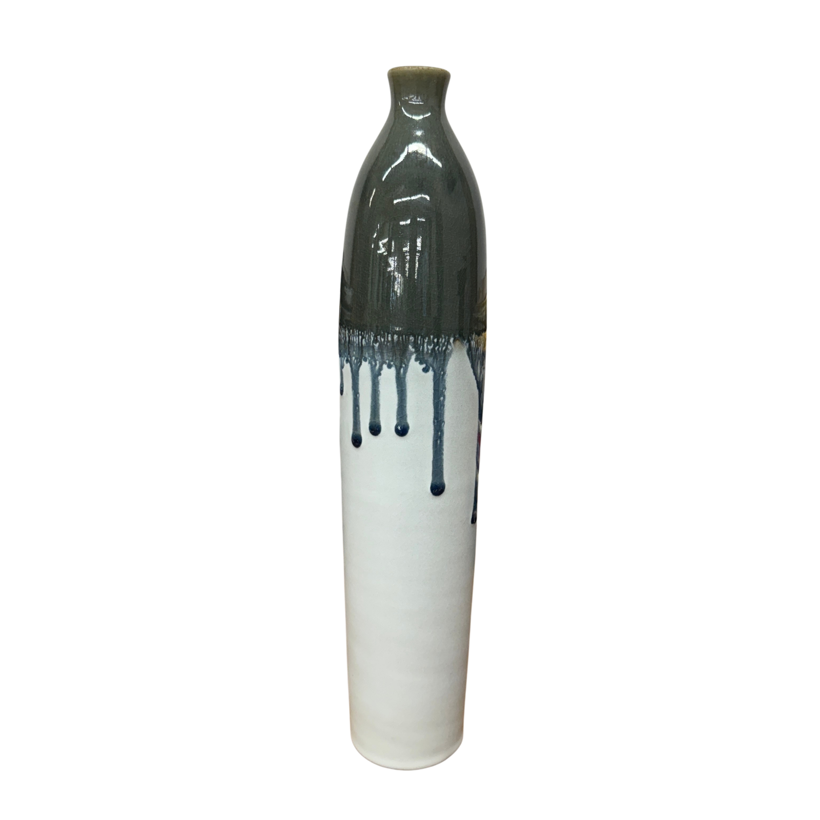 White Ceramic Vase with Gray-Blue Crackle Drip Glaze - FEA Home