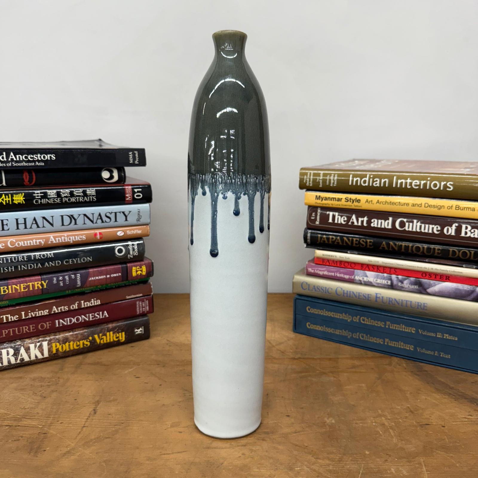 White Ceramic Vase with Gray-Blue Crackle Drip Glaze - FEA Home
