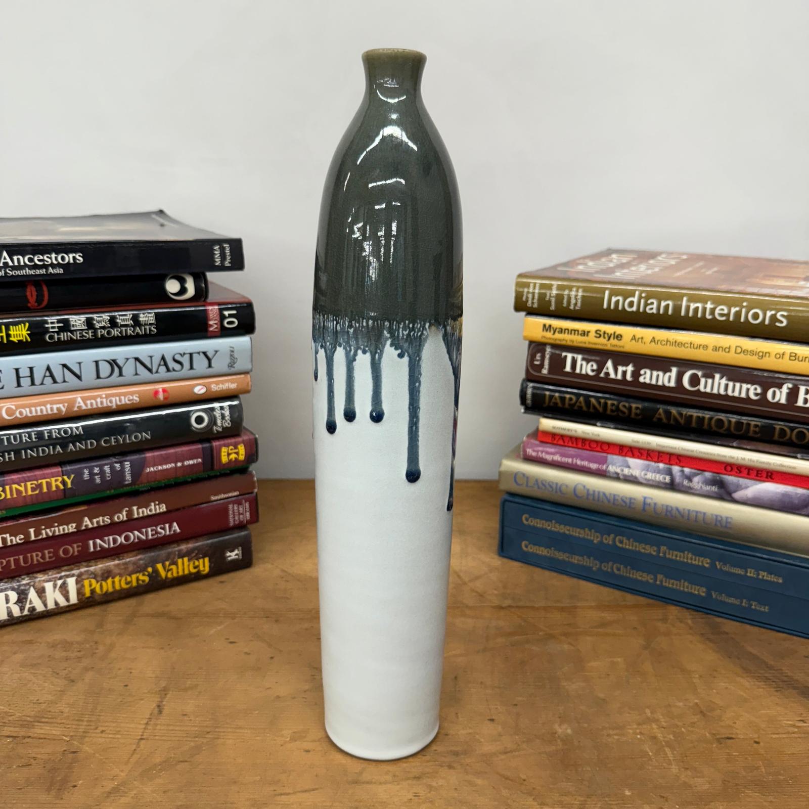 White Ceramic Vase with Gray-Blue Crackle Drip Glaze - FEA Home