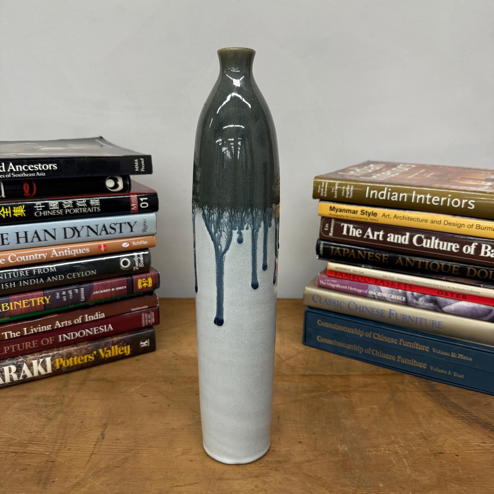 White Ceramic Vase with Gray-Blue Crackle Drip Glaze - FEA Home
