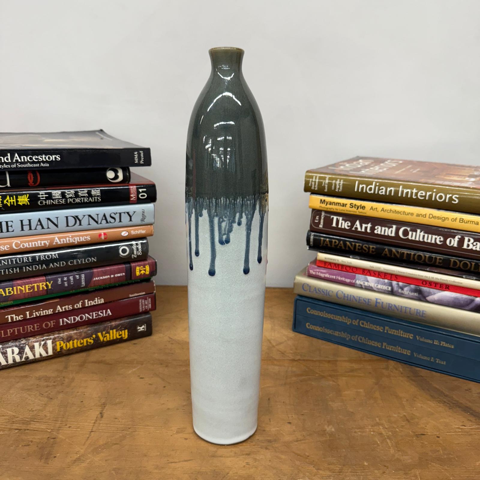 White Ceramic Vase with Gray-Blue Crackle Drip Glaze - FEA Home