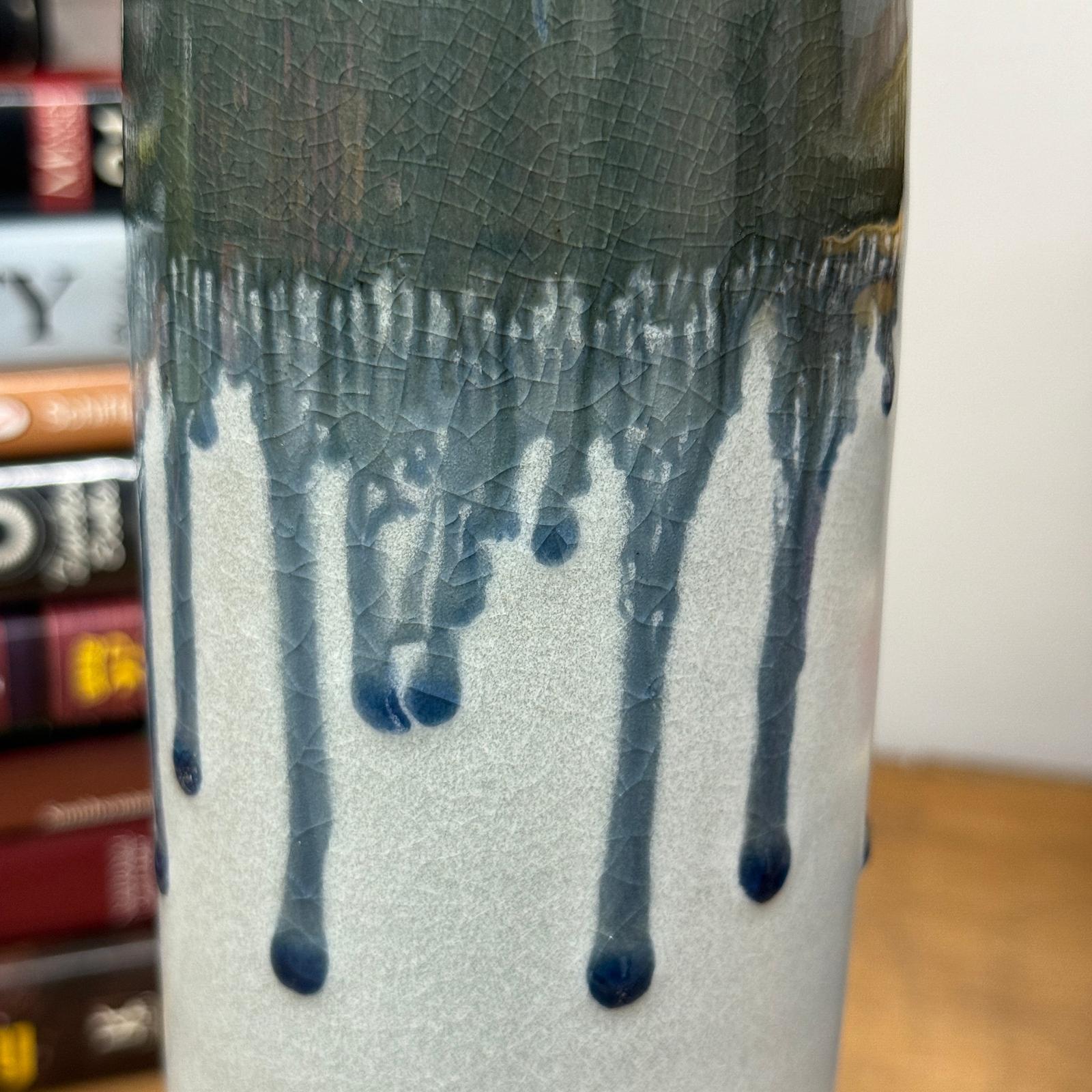 White Ceramic Vase with Gray-Blue Crackle Drip Glaze - FEA Home