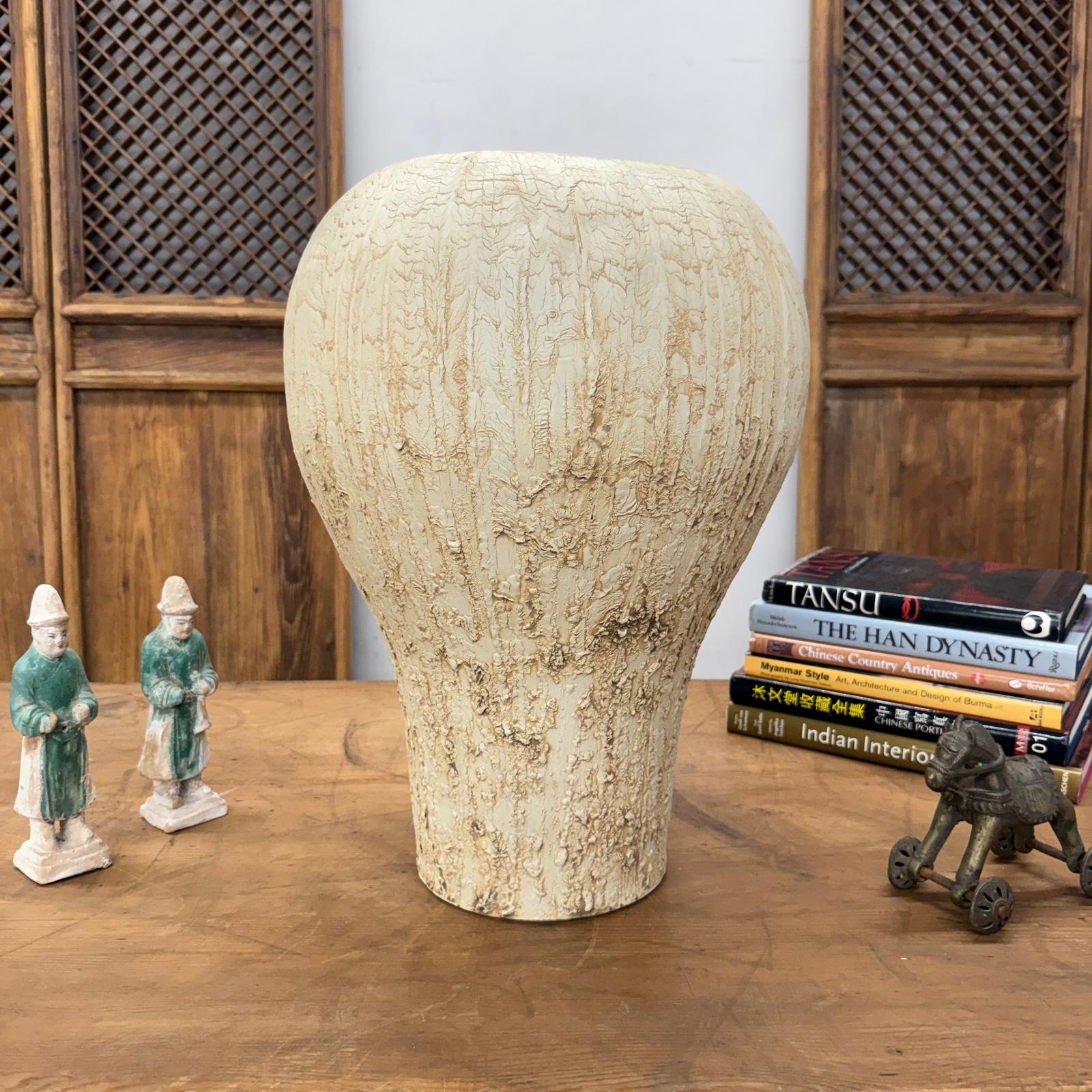Wide Rounded Textured Ivory &amp; Sand Brown Ceramic Vase - FEA Home