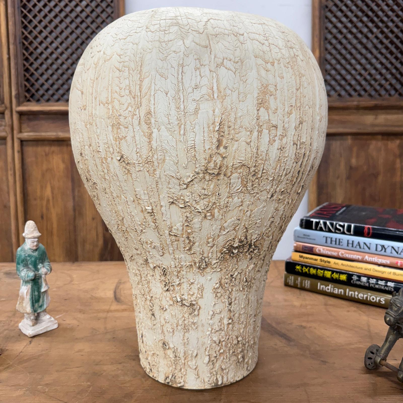 Wide Rounded Textured Ivory &amp; Sand Brown Ceramic Vase - FEA Home