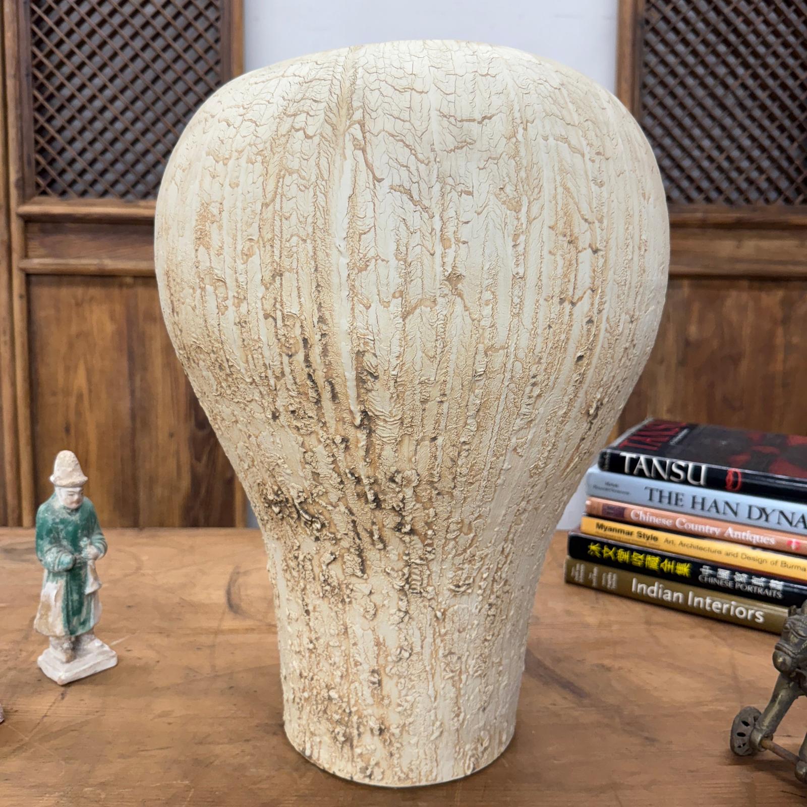 Wide Rounded Textured Ivory &amp; Sand Brown Ceramic Vase - FEA Home