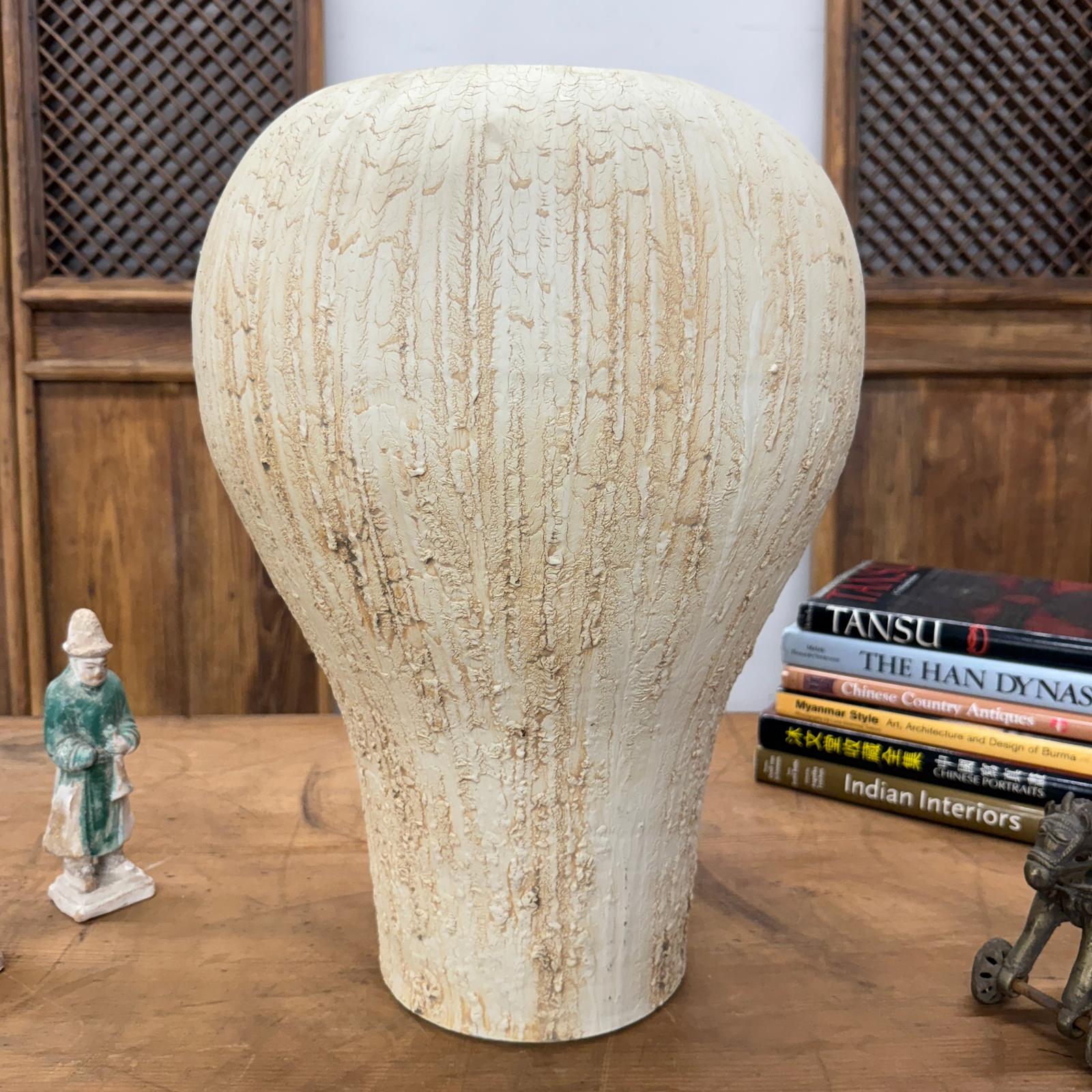 Wide Rounded Textured Ivory &amp; Sand Brown Ceramic Vase - FEA Home