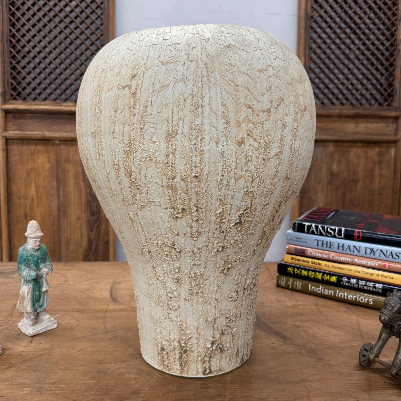 Wide Rounded Textured Ivory &amp; Sand Brown Ceramic Vase - FEA Home