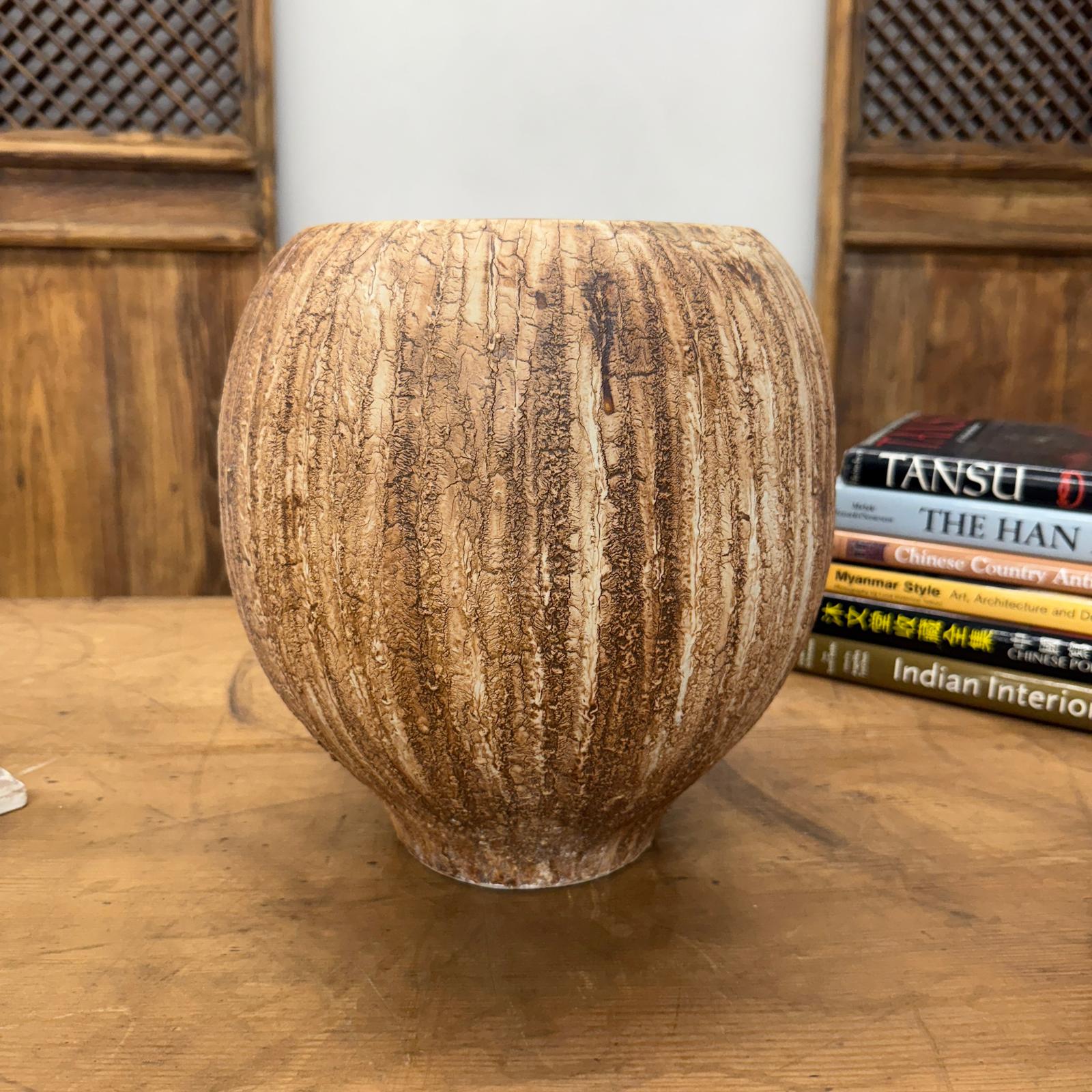 Wide RoundedTextured Two-Tone Cafe Mocha Brown Ceramic Vase - FEA Home