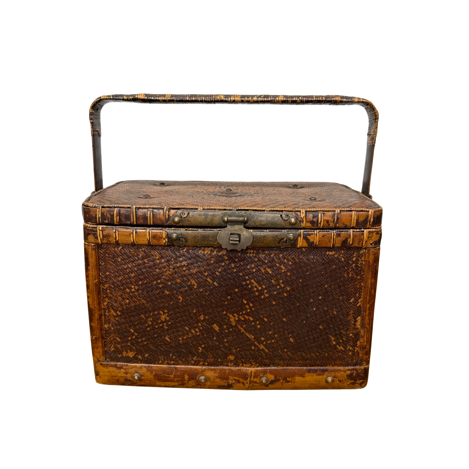 Woven Rectangular Picnic Basket with Handle &amp; Hinged Lid featuring vintage brown rattan, a sturdy handle, metal latch, visible wear, and Southeast Asian craftsmanship, displayed against a white background.