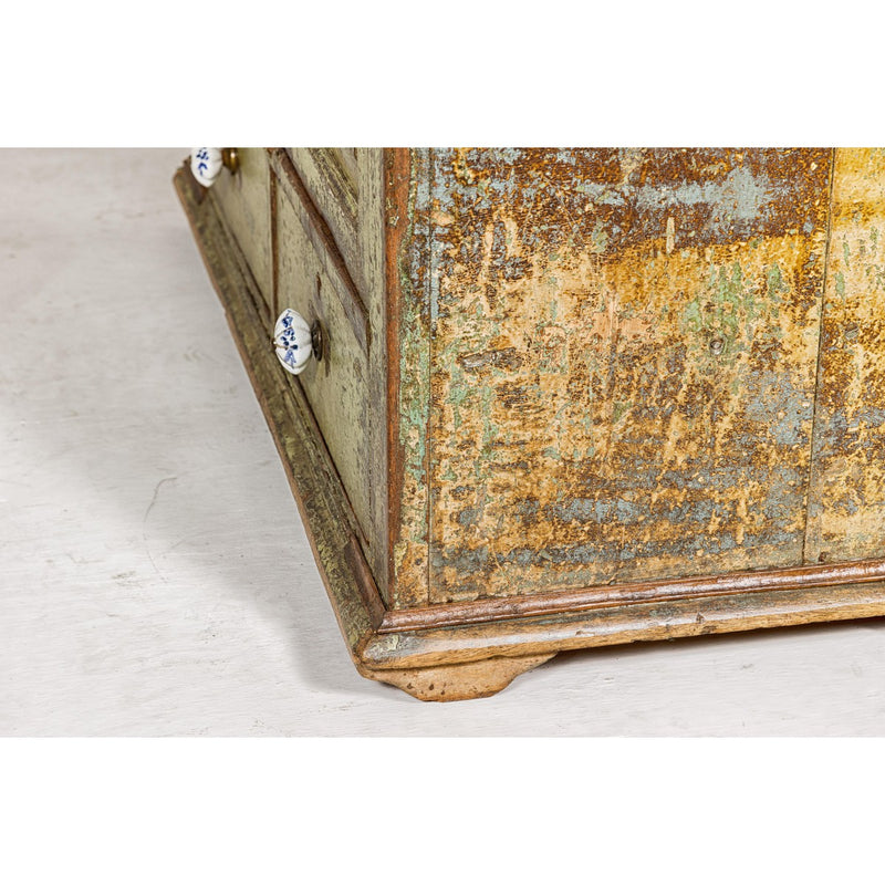 Distressed Green Painted Small Cabinet with Paneled Doors and Two Drawers-YN1057-16. Asian & Chinese Furniture, Art, Antiques, Vintage Home Décor for sale at FEA Home