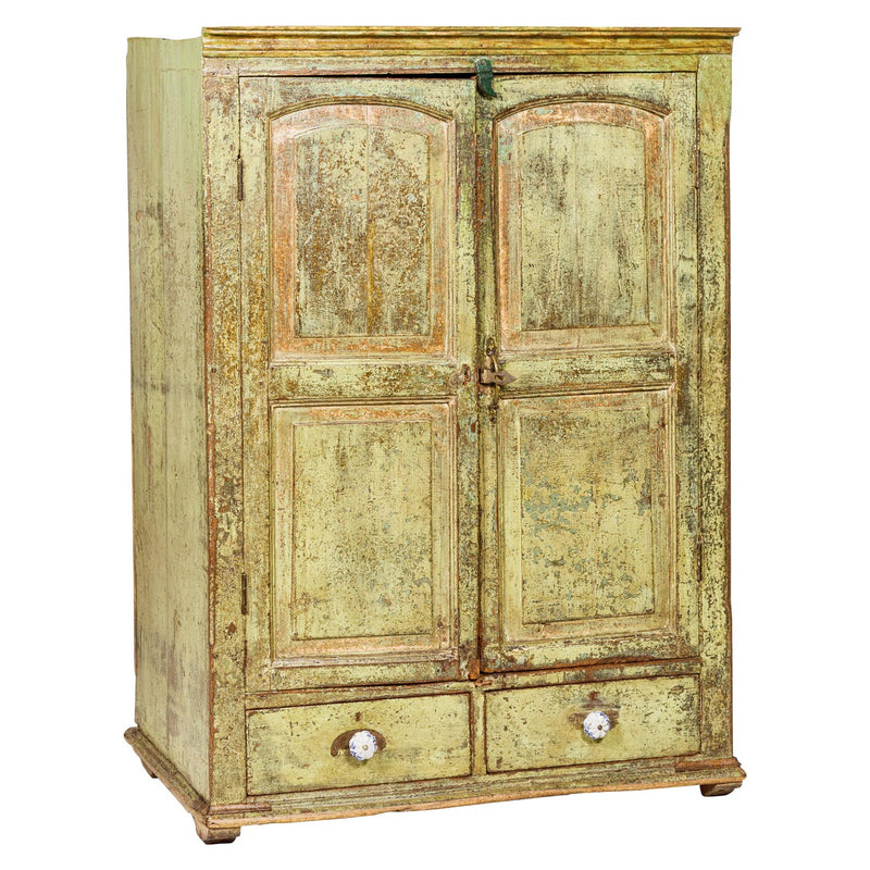 Distressed Green Painted Small Cabinet with Paneled Doors and Two Drawers-YN1057-17. Asian & Chinese Furniture, Art, Antiques, Vintage Home Décor for sale at FEA Home