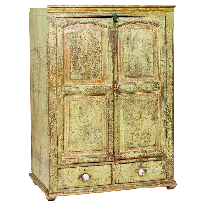 Distressed Green Painted Small Cabinet with Paneled Doors and Two Drawers-YN1057-1. Asian & Chinese Furniture, Art, Antiques, Vintage Home Décor for sale at FEA Home