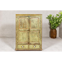 Distressed Green Painted Small Cabinet with Paneled Doors and Two Drawers