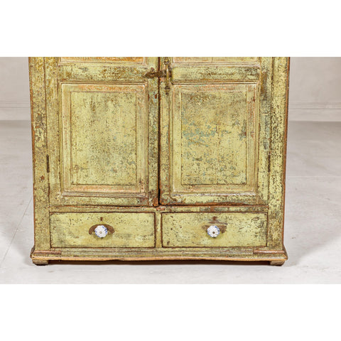 Distressed Green Painted Small Cabinet with Paneled Doors and Two Drawers-YN1057-6. Asian & Chinese Furniture, Art, Antiques, Vintage Home Décor for sale at FEA Home