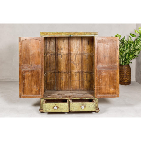Distressed Green Painted Small Cabinet with Paneled Doors and Two Drawers-YN1057-8. Asian & Chinese Furniture, Art, Antiques, Vintage Home Décor for sale at FEA Home