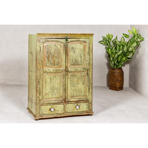 Distressed Green Painted Small Cabinet with Paneled Doors and Two Drawers-YN1057-9. Asian & Chinese Furniture, Art, Antiques, Vintage Home Décor for sale at FEA Home