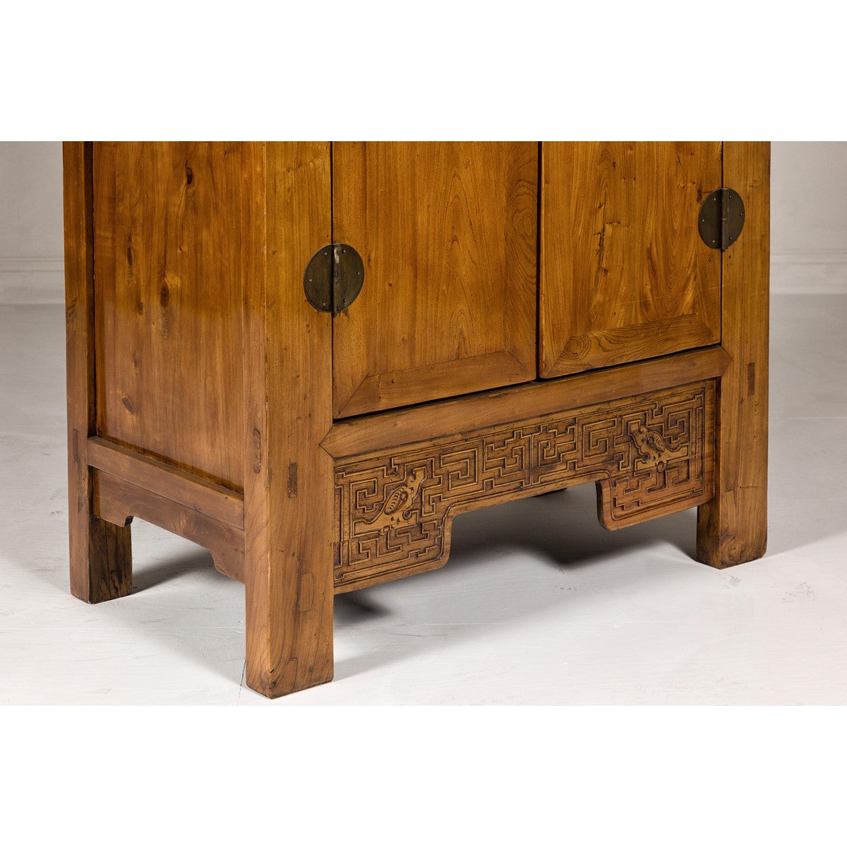 Large Elmwood 19th Cabinet with Carved Apron and Round Brass Medallion-12. Asian &amp; Chinese Furniture, Art, Antiques, Vintage Home Décor for sale at FEA Home