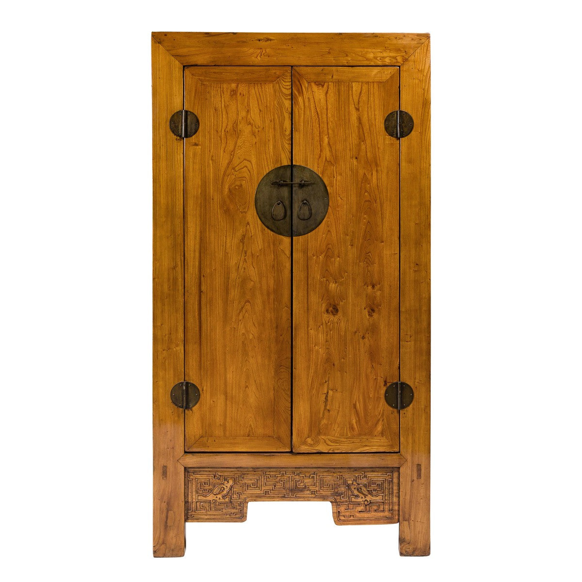 Large Elmwood 19th Cabinet with Carved Apron and Round Brass Medallion-16. Asian &amp; Chinese Furniture, Art, Antiques, Vintage Home Décor for sale at FEA Home