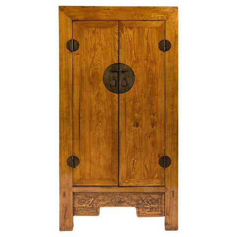 Large Elmwood 19th Cabinet with Carved Apron and Round Brass Medallion-YN1274-1. Asian & Chinese Furniture, Art, Antiques, Vintage Home Décor for sale at FEA Home