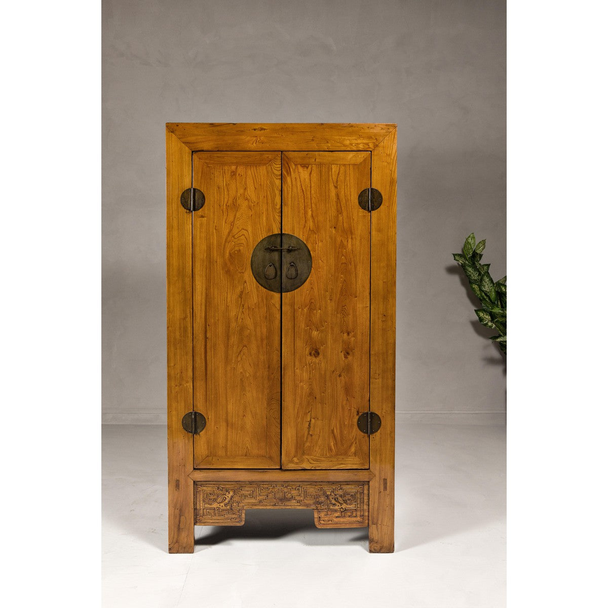 Large Elmwood 19th Cabinet with Carved Apron and Round Brass Medallion-3. Asian &amp; Chinese Furniture, Art, Antiques, Vintage Home Décor for sale at FEA Home