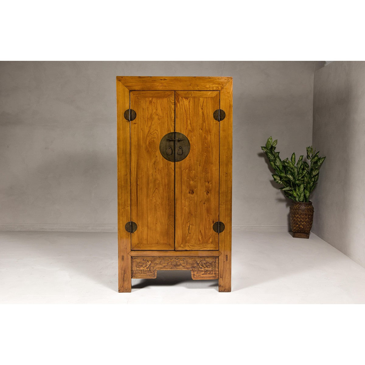 Large Elmwood 19th Cabinet with Carved Apron and Round Brass Medallion-4. Asian &amp; Chinese Furniture, Art, Antiques, Vintage Home Décor for sale at FEA Home