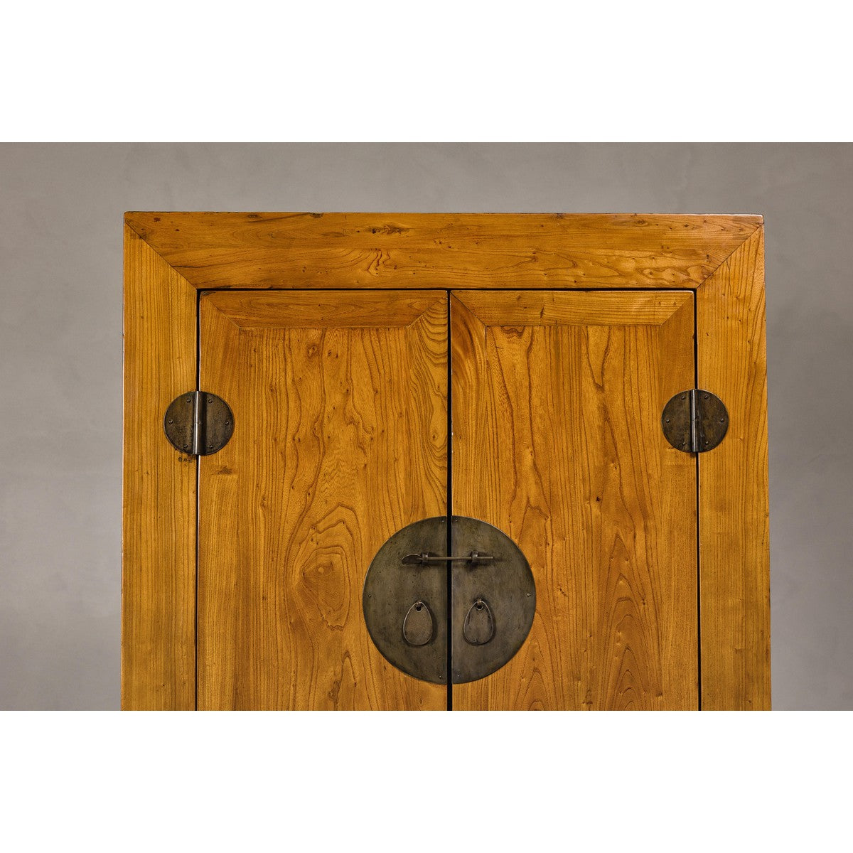 Large Elmwood 19th Cabinet with Carved Apron and Round Brass Medallion-5. Asian &amp; Chinese Furniture, Art, Antiques, Vintage Home Décor for sale at FEA Home