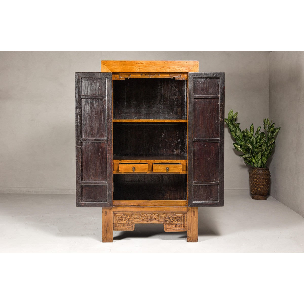 Large Elmwood 19th Cabinet with Carved Apron and Round Brass Medallion-8. Asian &amp; Chinese Furniture, Art, Antiques, Vintage Home Décor for sale at FEA Home