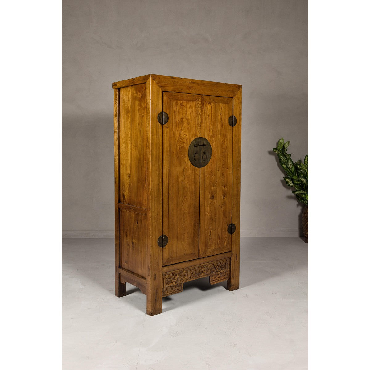Large Elmwood 19th Cabinet with Carved Apron and Round Brass Medallion-9. Asian &amp; Chinese Furniture, Art, Antiques, Vintage Home Décor for sale at FEA Home