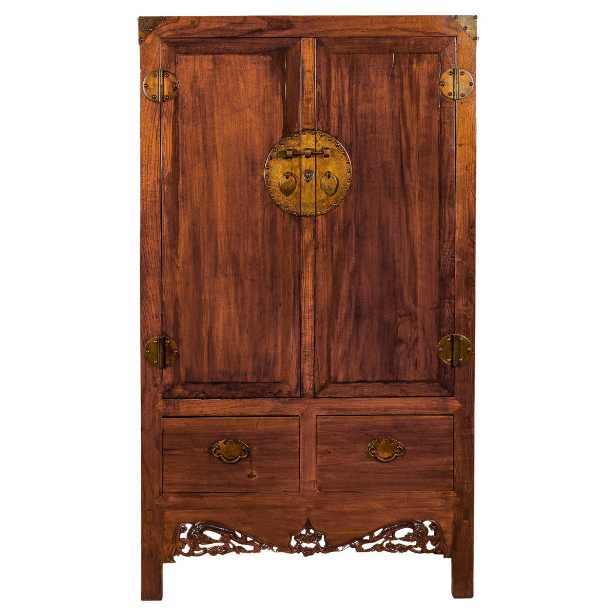 Large Brown Lacquer Elmwood Cabinet with Carved Skirt and Brass Hardware-1. Asian & Chinese Furniture, Art, Antiques, Vintage Home Décor for sale at FEA Home