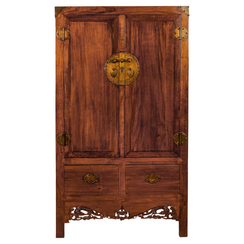 Large Brown Lacquer Elmwood Cabinet with Carved Skirt and Brass Hardware-YN1301-1. Asian & Chinese Furniture, Art, Antiques, Vintage Home Décor for sale at FEA Home
