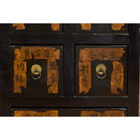 Pair of Chinese Qing Dynasty Black Lacquer Apothecary Cabinets with Calligraphy