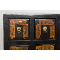 Pair of Chinese Qing Dynasty Black Lacquer Apothecary Cabinets with Calligraphy