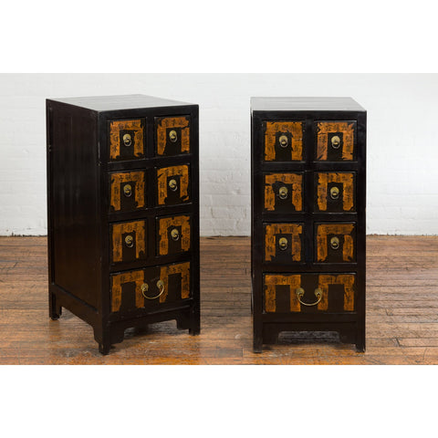 Pair of Chinese Qing Dynasty Black Lacquer Apothecary Cabinets with Calligraphy-YN1390-14. Asian & Chinese Furniture, Art, Antiques, Vintage Home Décor for sale at FEA Home