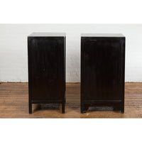 Pair of Chinese Qing Dynasty Black Lacquer Apothecary Cabinets with Calligraphy