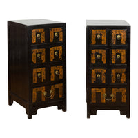 Pair of Chinese Qing Dynasty Black Lacquer Apothecary Cabinets with Calligraphy